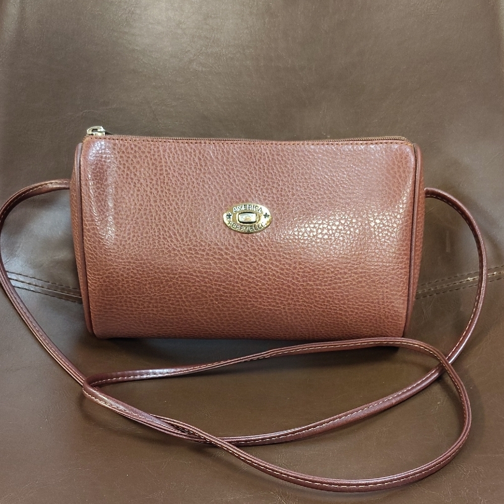 American Perry Ellis Crossbody Leather Pebble Brown Barrel Shape